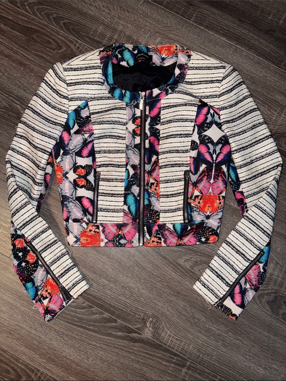bebe Cropped Striped Jacket with Multicolor Butterfly Print